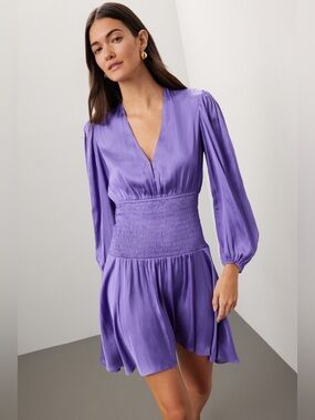 Maje Purple V-Neck Smocked Waist Long-Sleeve Mini Dress